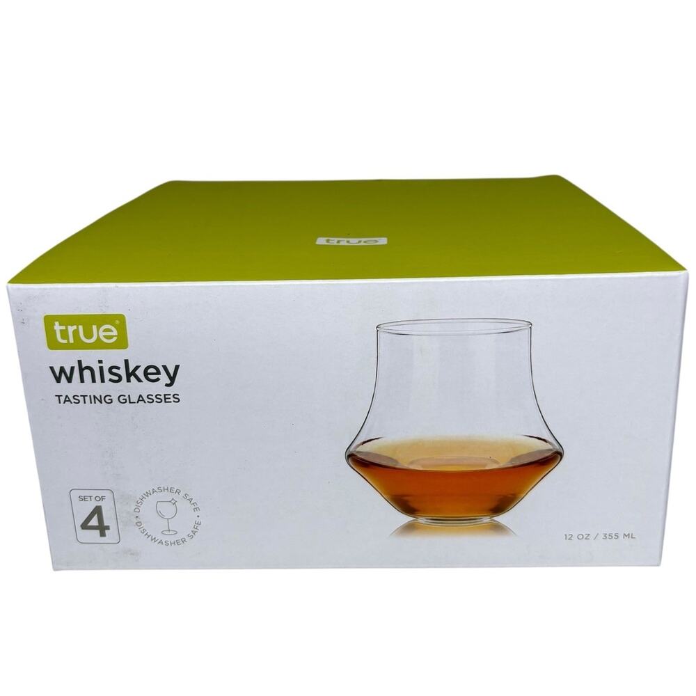 True Whiskey Tasting Glasses Set of 4 – 12 oz Curved Nosing Glasses – Barware